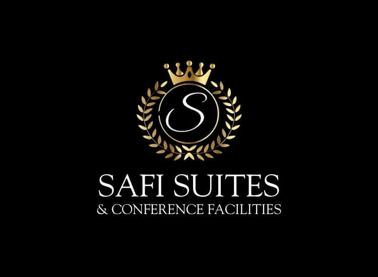 Logo for Safi Suites & Conference Facilities featuring a gold laurel wreath and crown above a black circle with a white S in the center, set against a black background.